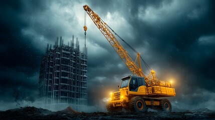 Poster - a large yellow construction crane stands tall against a dramatic cloudy sky as it works on a large b