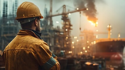 Poster - a construction worker wearing a protective hard hat stands at an industrial site with smoke visible 