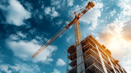 Poster - a massive construction crane reaches into the sky surrounded by clouds and the warm glow of the risi