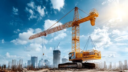 Poster - a massive industrial crane stands tall against a blue sky with fluffy white clouds overlooking a rap