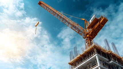Poster - A large orange colored construction crane tower reaching high into the bright blue sky with visible construction work taking place in the background
