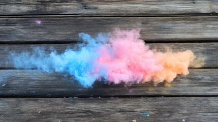Aufkleber - Pastel blue and pink smoke cloud on rustic wooden surface.