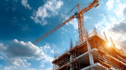 Poster - tall construction crane looming over a partially built high rise structure set against a bright part