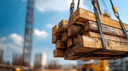 Poster - wooden construction materials including beams and planks being lifted by a crane at an active constr