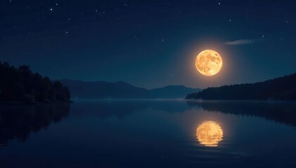 full moon rising over a tranquil lake with stars, full moon, water
