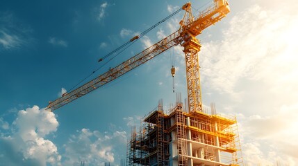Poster - A large construction site with a towering yellow crane lifting materials for an ongoing high rise building development project against a bright blue sky with fluffy white clouds