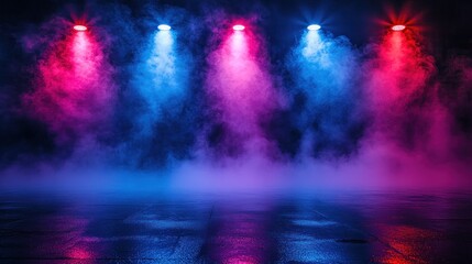 Aufkleber - Pink and blue stage lights illuminating smoky dark floor.