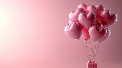 Fototapete - Pink heart-shaped balloons tied to a gift box on a pink background.