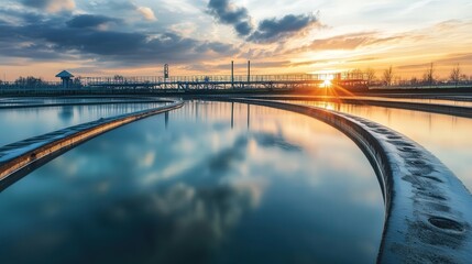 Poster - wastewater treatment pond, with various stages of water purification visible, and a serene sky in the background