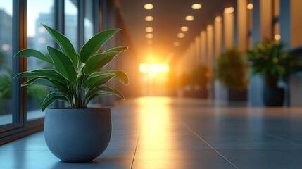 Aufkleber - Potted plant in modern building hallway at sunset.