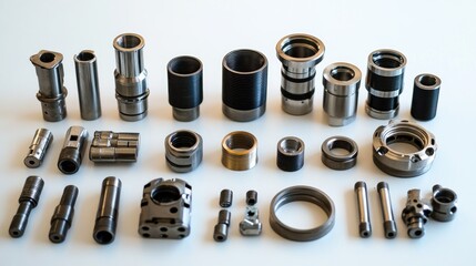 Poster - Precision-machined metal parts displayed on a white background.