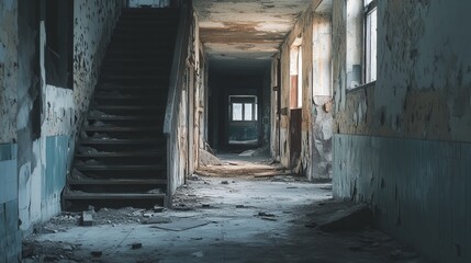 Poster - empty building with its interior visible through broken walls, showing signs of past habitation