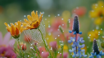 Poster - Rain drops on vibrant wildflowers in a meadow, spiderweb.