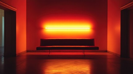 Fototapete - red-lit hallway with bench and fluorescent light.