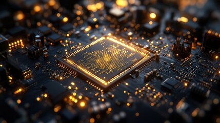 Aufkleber - cpu chip resting on a motherboard, showcasing its golden connectors and etched details.
