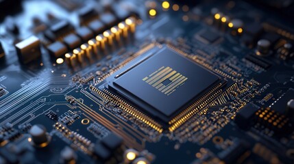 Aufkleber - cpu chip resting on a motherboard, showcasing its golden connectors and etched details.