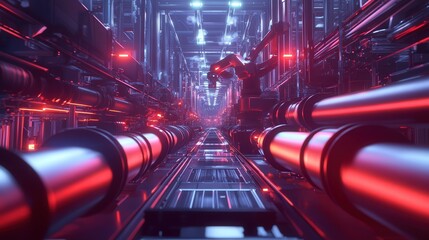 Poster - robotic arms moving glowing steel pipes along a production line, with bright industrial lights and a high-tech environment.