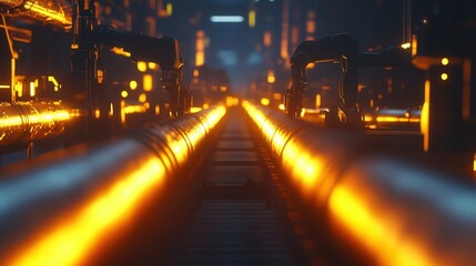 Poster - robotic arms moving glowing steel pipes along a production line, with bright industrial lights and a high-tech environment.
