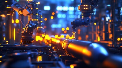 Poster - robotic arms moving glowing steel pipes along a production line, with bright industrial lights and a high-tech environment.