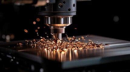 Poster - Precision CNC Machining Process with Metal Shavings in Focused Low Light