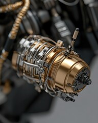 Poster - Close-up of a Detailed Mechanical Component with Metallic Finish and Cables