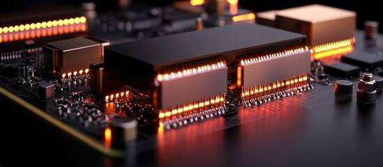 Poster - Close-Up View of Circuit Board with Glowing LED Lights and Modern Components