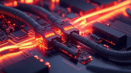 Poster - High-Tech Circuit Board with Glowing Connections and Cables in Dark Background