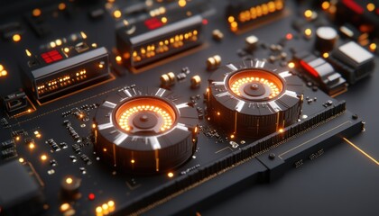 Poster - Close-Up View of High-Tech Circuit Board with Glow and Detail