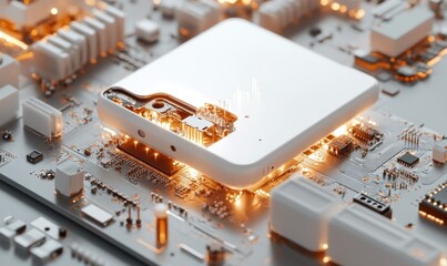 Poster - Futuristic Technology Circuit Board with Illuminated Microchip and Connectors