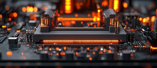 Poster - High-Tech Circuit Board with Glowing Orange Components and Microchips