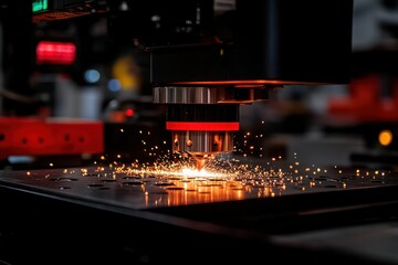 Poster - Laser Cutting Machine in Action Creating Sparks in Industrial Workshop