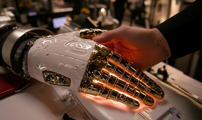 Poster - Innovative futuristic robotic hand with intricate metallic design and illumination