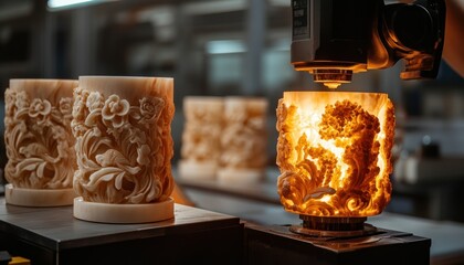 Poster - Intricate Carved Sculptures of Alabaster with Warm Backlighting in Workshop