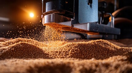 Poster - Close-Up of Powder Material Being Dispensed from a Machine in Dark Setting