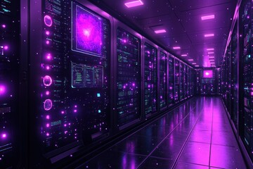 Poster - Futuristic Data Center with Neon Lights and High-Tech Equipment Overview