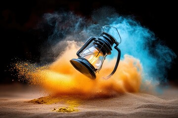 Poster - Vintage Lantern Surrounded by Colorful Smoke and Dust in Artistic Lighting