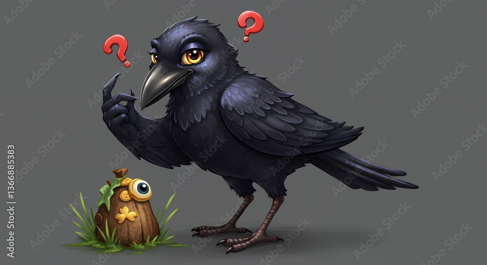 Cartoon Crow Thinking with Question Marks Above with Cute Monster Stock ...