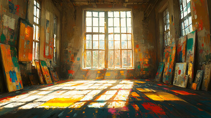 Poster - A brightly lit room showcasing an abundance of paintings with abstract brushwork spreading across the canvas creating a vibrant atmosphere.