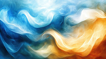 Poster - Captivating blue and orange abstract painting featuring fluid colors and flowing swirls that evoke a sense of movement and energy.