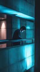 Poster - A solitary figure silhouetted against the backdrop of a dimly lit modern cityscape standing on a balcony or walkway overlooking the urban landscape at night