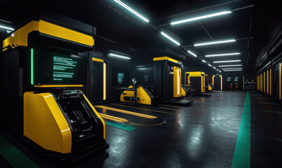 Poster - Futuristic Technology Space with Yellow and Black Workstations and Screens