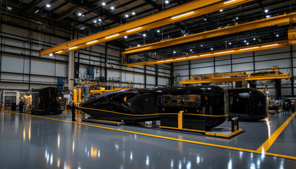 Poster - Sleek Black Vehicles in Modern Industrial Workshop with High Ceilings