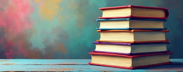 Fototapete - Colorful hand-drawn stack of books with different textures and patterns , books, layered
