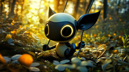3D Illustration Of Playful Robot Creature In Autumnal Sunlight Forest