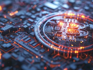 A computer chip with a glowing B on it