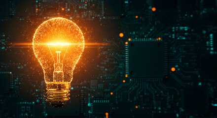Poster - Abstract Glowing Lightbulb Over Circuit Board Background Depicting Innovation and Technology