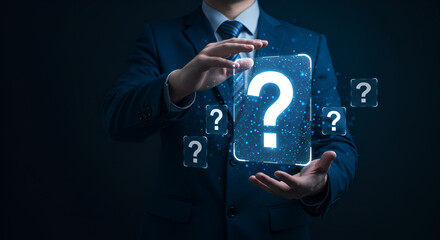 Leinwandbilder - Business Man Holding a Glowing Question Mark in Futuristic Blue Display with Network Connections and Digital Interface