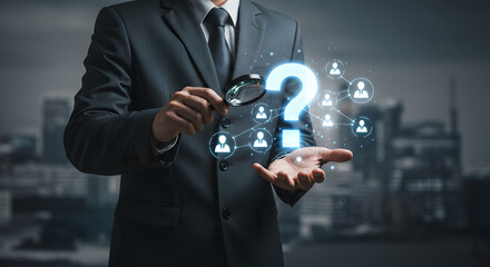 Poster - Businessman Holds Magnifying Glass Over Glowing Question Mark in Cityscape Dark Background
