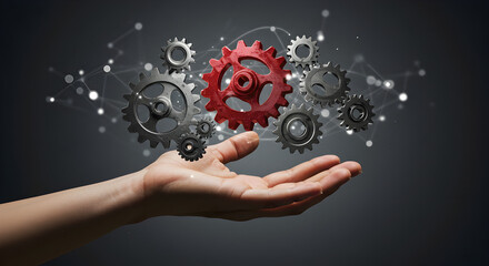 Aufkleber - Conceptual Hand Holding Gears in Dark Backdrop Depicting Technological Innovation and Interconnected Systems