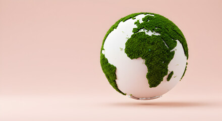 Poster - Green and White Earth Globe Floating on Light Pink Background Symbolizing Environmental Awareness